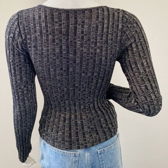 Chaser Black Ribbed Knit Cardigan Top Keyhole Button Closures Gold Lurex Thread - Picture 5 of 7